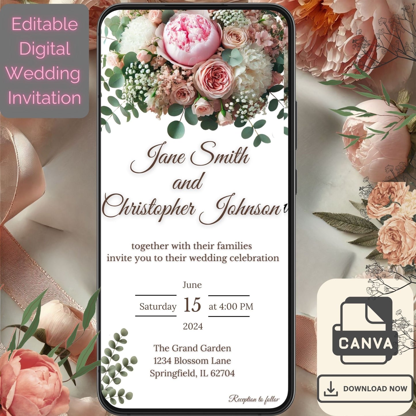 Floral Wedding Invitation Template - Editable Canva Design with RSVP, Details, and Reception Cards ENG Version