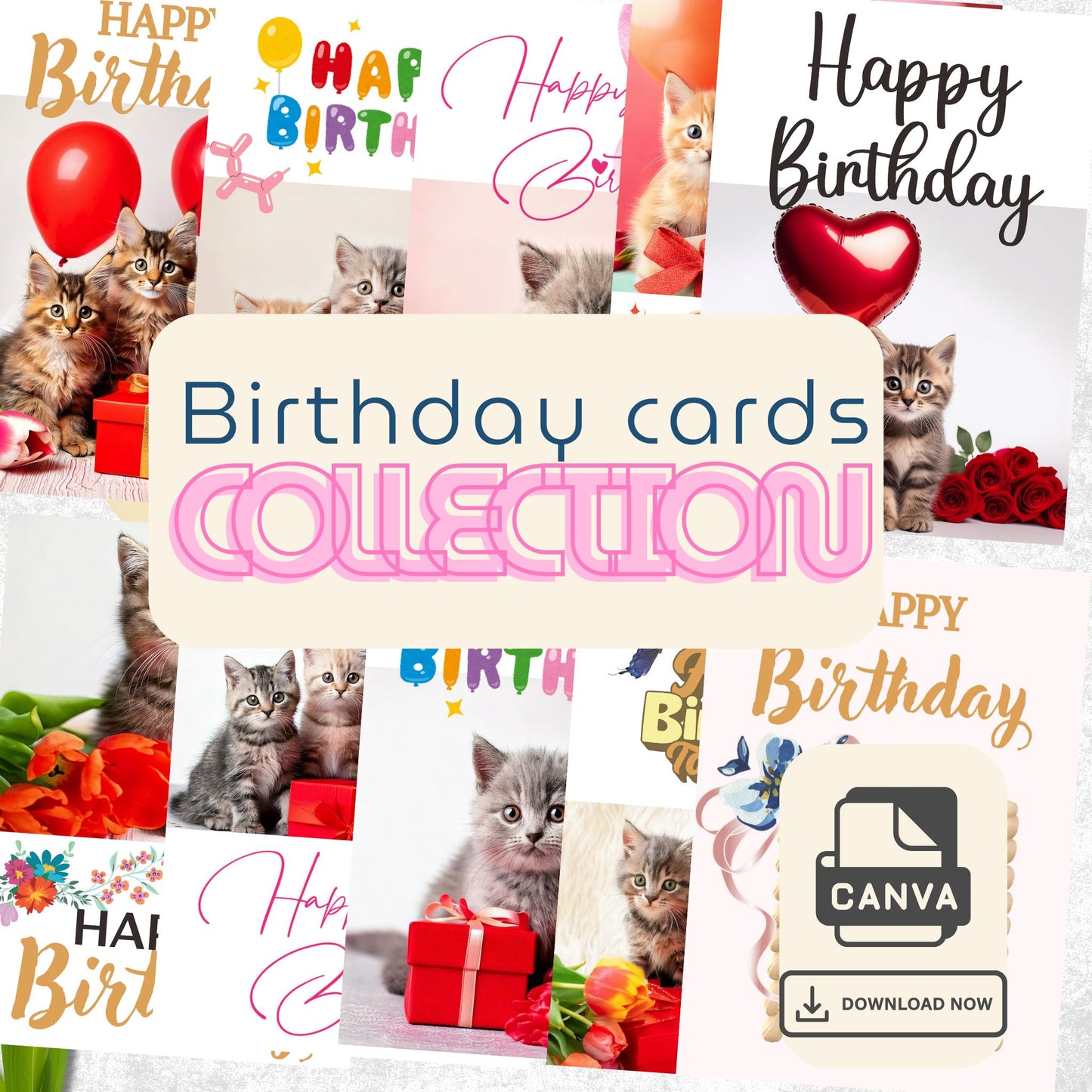 Set of 10 Cute Cat Birthday Cards – Editable Canva Template