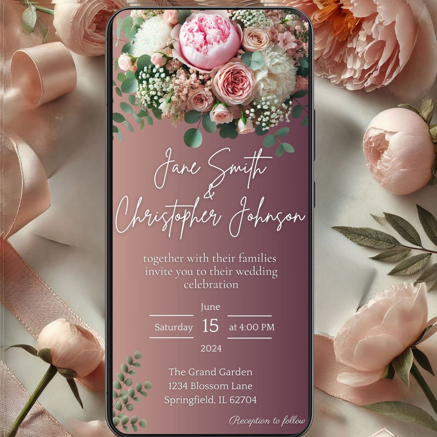 Floral Wedding Invitation Template - Editable Canva Design with RSVP, Details, and Reception Cards ENG Version