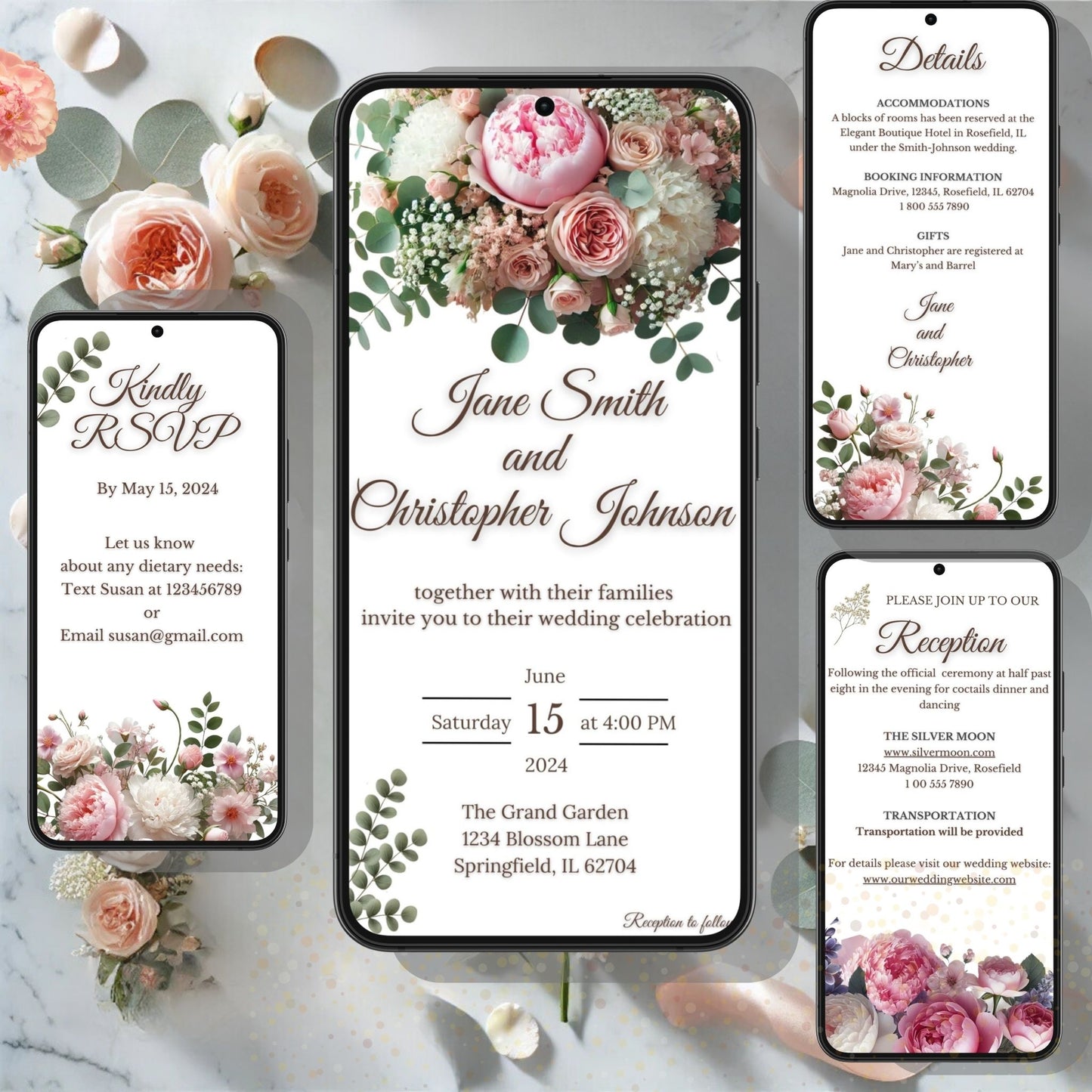 Floral Wedding Invitation Template - Editable Canva Design with RSVP, Details, and Reception Cards ENG Version