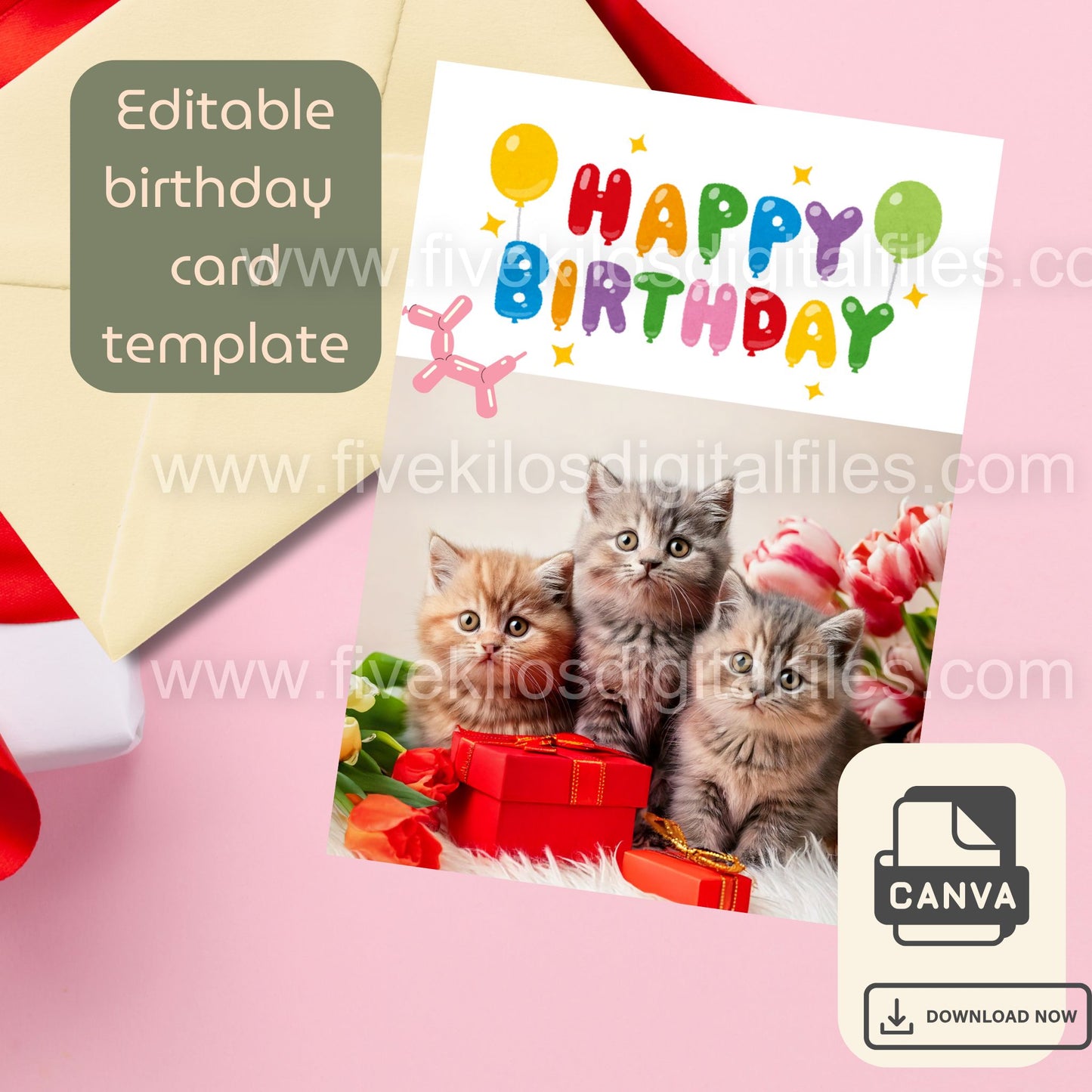 Set of 10 Cute Cat Birthday Cards – Editable Canva Template