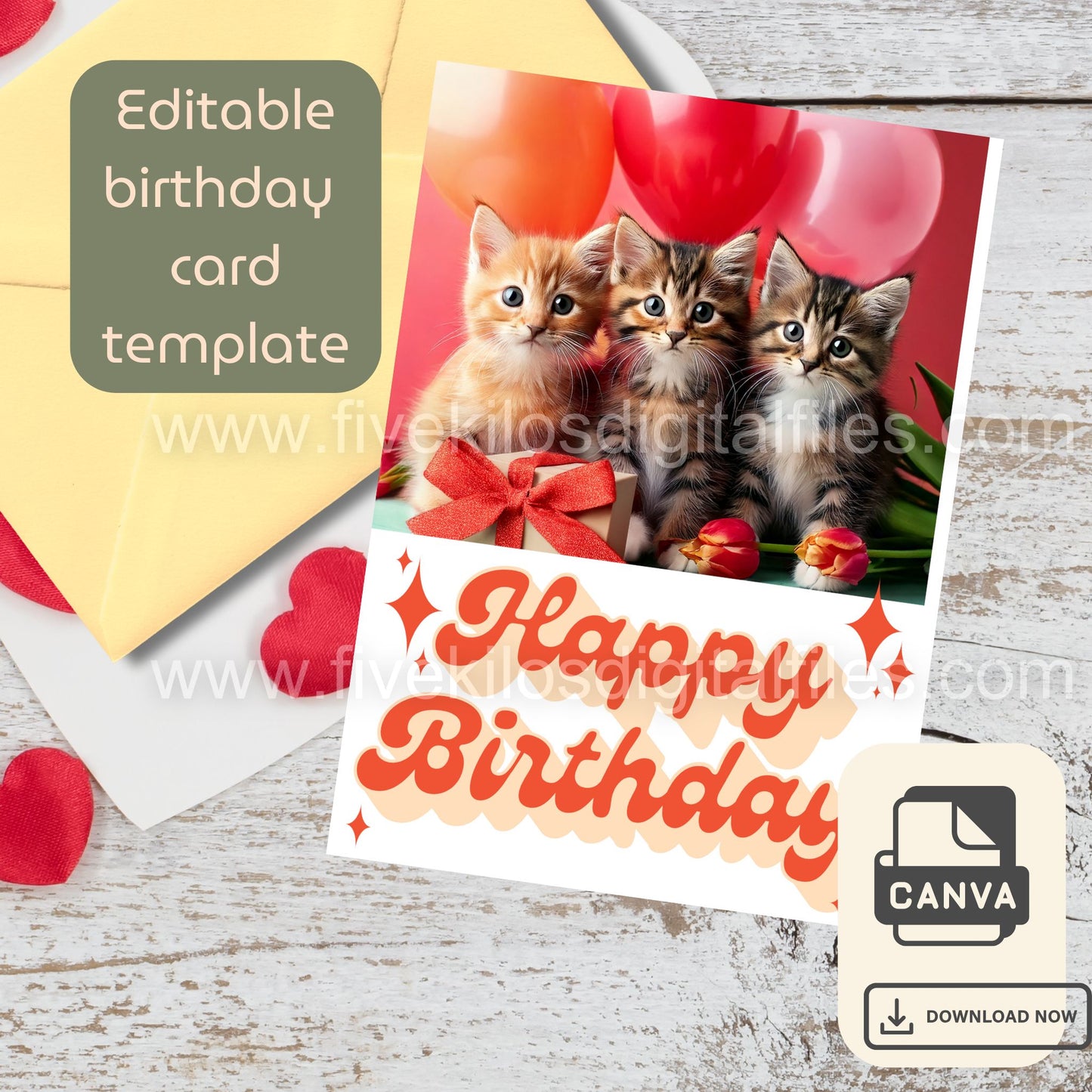 Set of 10 Cute Cat Birthday Cards – Editable Canva Template