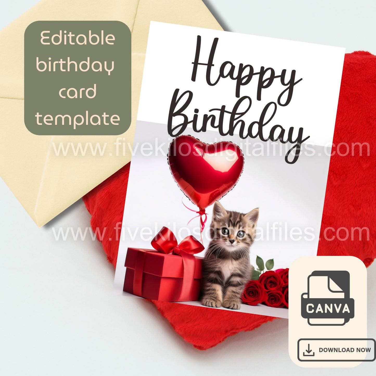 Set of 10 Cute Cat Birthday Cards – Editable Canva Template