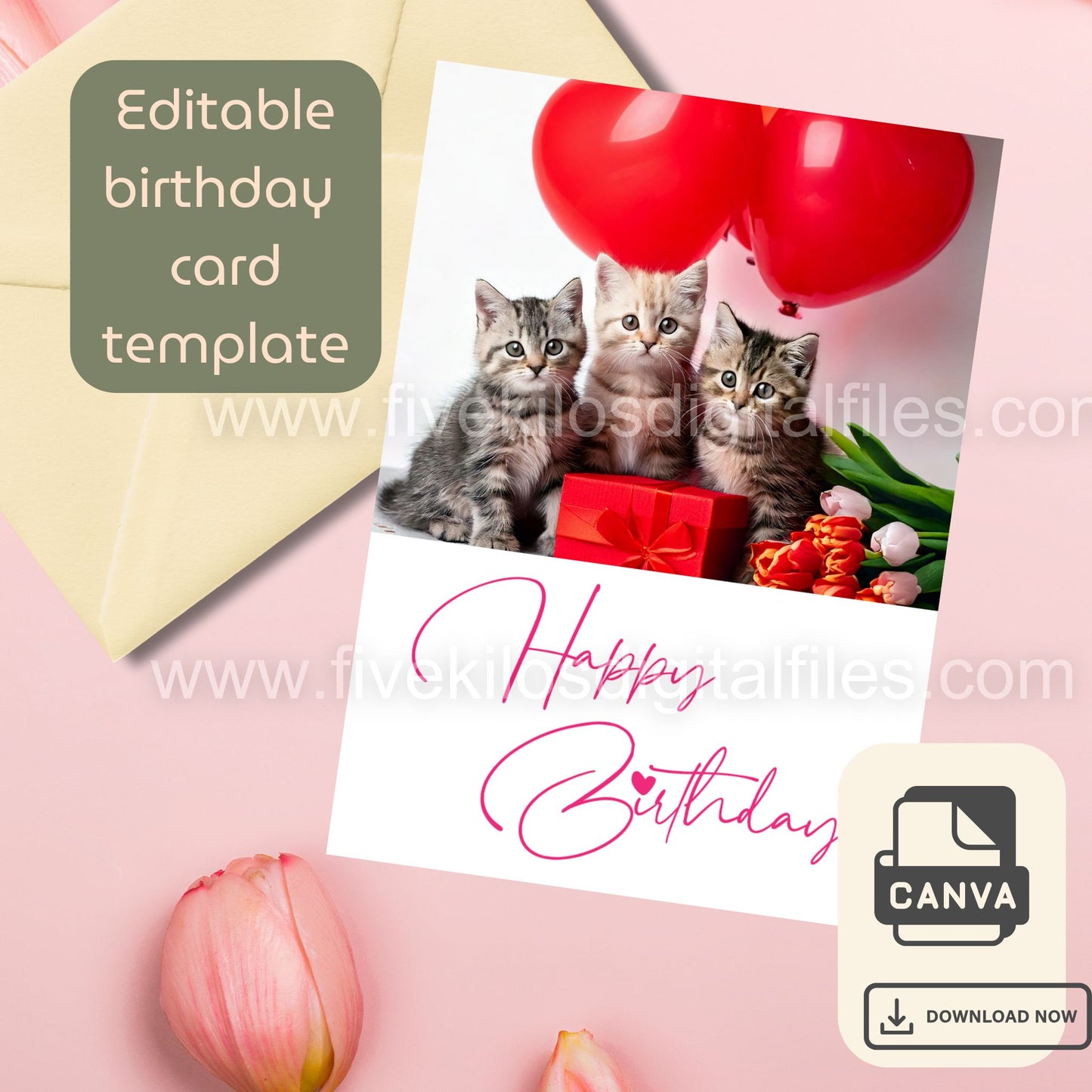 Set of 10 Cute Cat Birthday Cards – Editable Canva Template