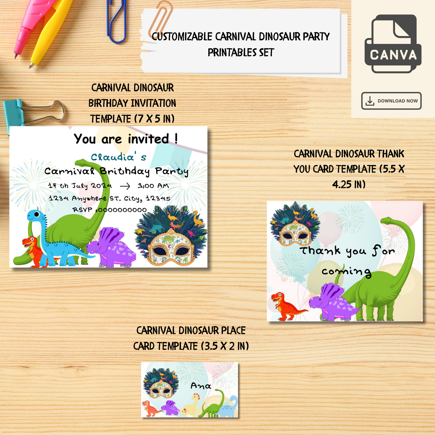 Customizable Carnival Dinosaur Party Printables Set