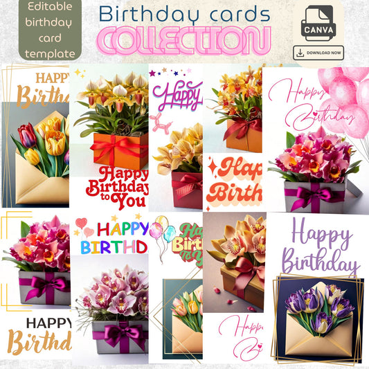 Set of 10 Flower-themed Birthday Cards – Editable Canva Template