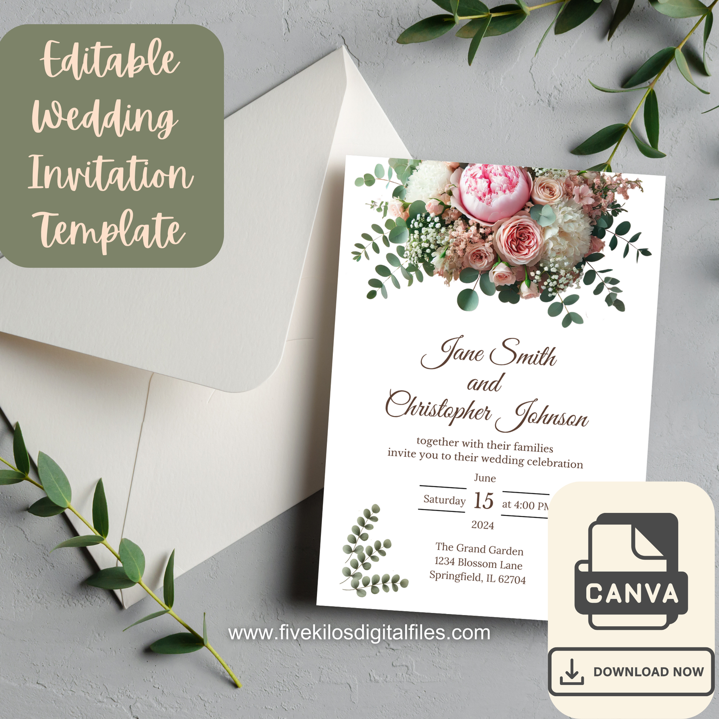 Floral Wedding Invitation Template - Editable Canva Design ENG Version