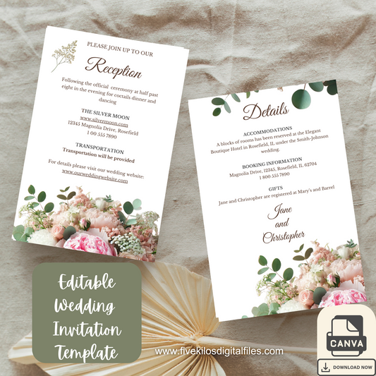 Floral Reception and Details Card template for wedding invitations ENG Version