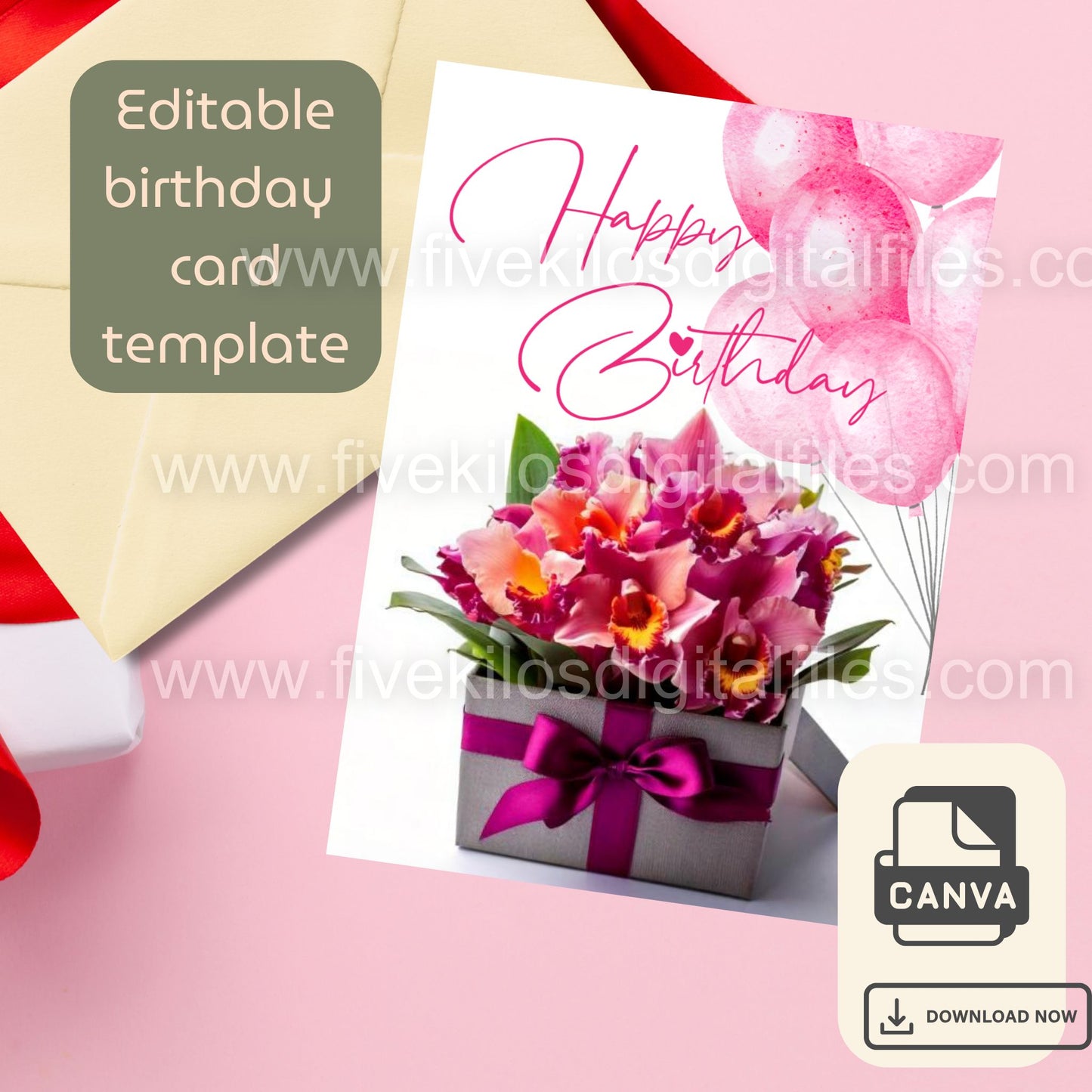 Set of 10 Flower-themed Birthday Cards – Editable Canva Template