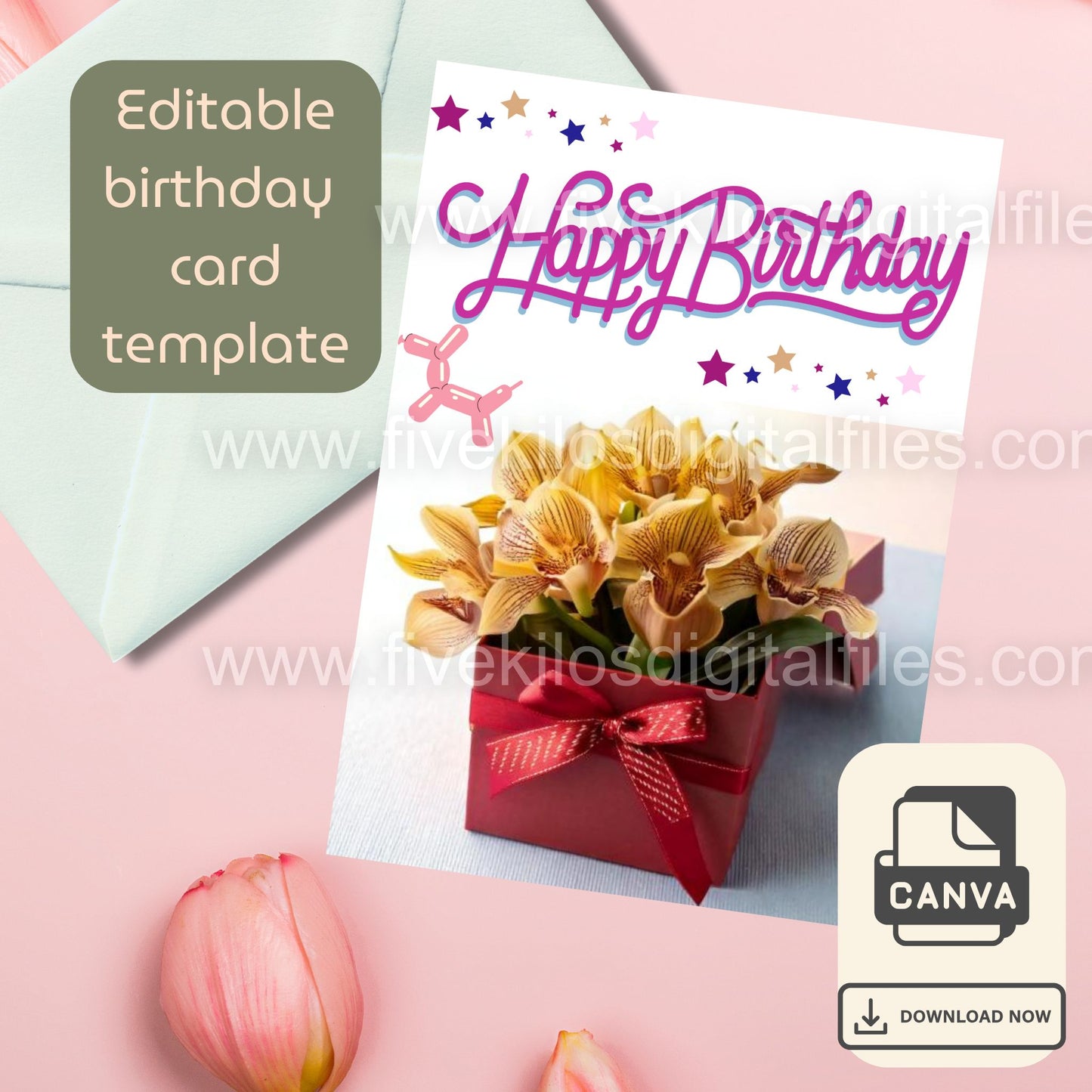 Set of 10 Flower-themed Birthday Cards – Editable Canva Template