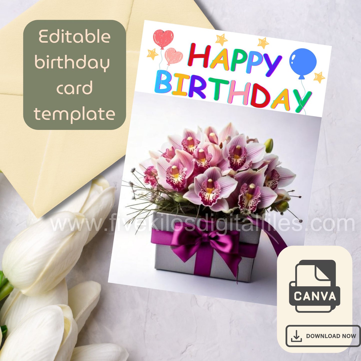 Set of 10 Flower-themed Birthday Cards – Editable Canva Template