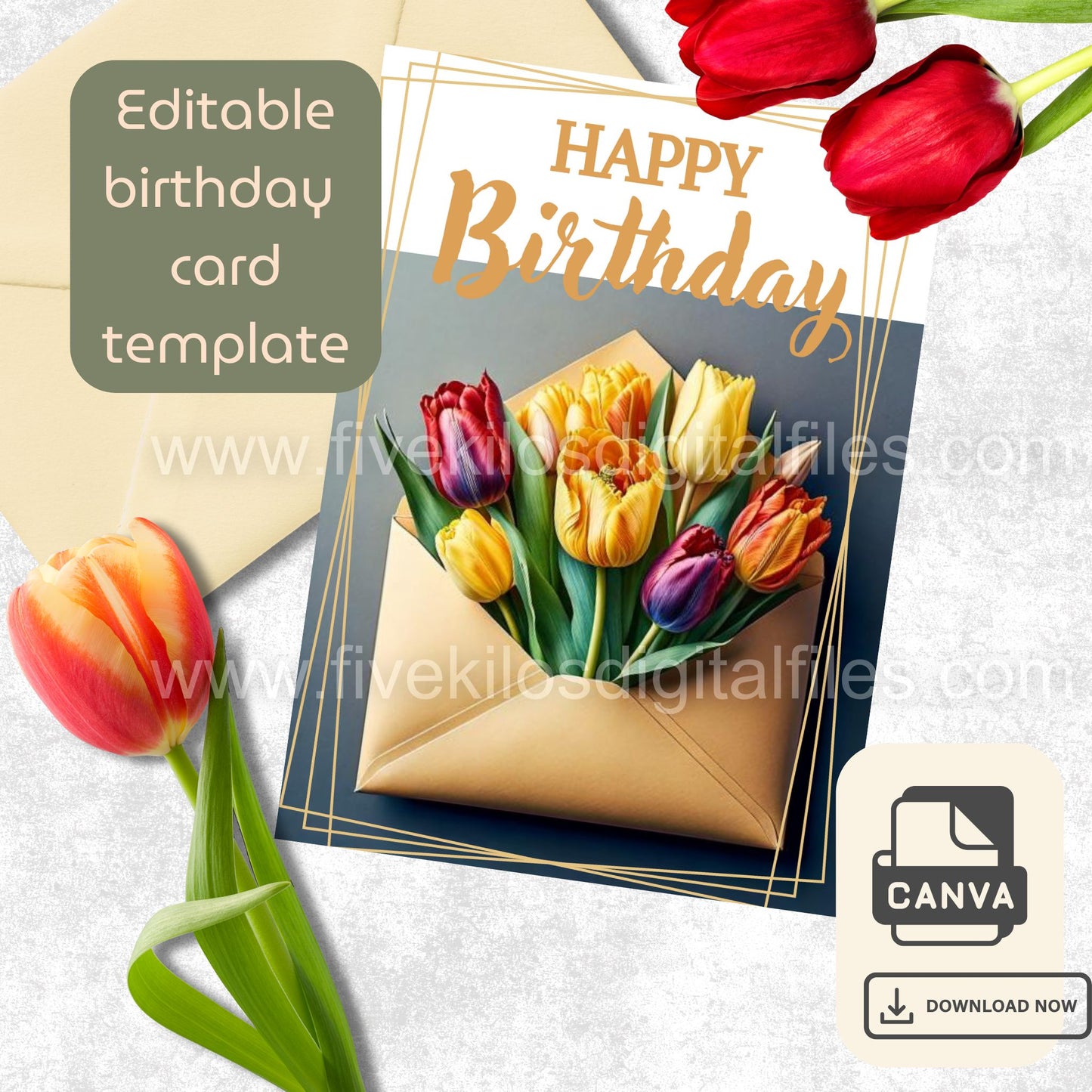 Set of 10 Flower-themed Birthday Cards – Editable Canva Template