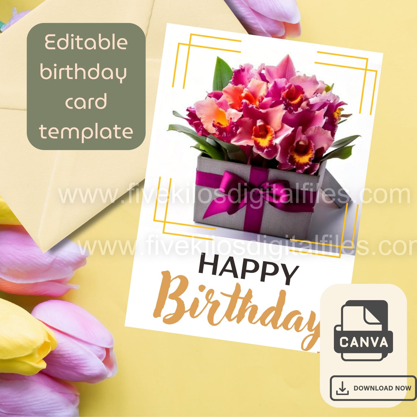 Set of 10 Flower-themed Birthday Cards – Editable Canva Template